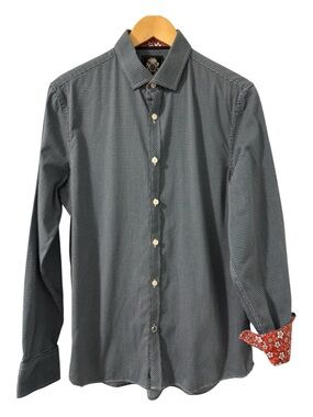 English Laundry Premium Blue Micro Dot Button-Up Shirt Contrast Floral Cuffs